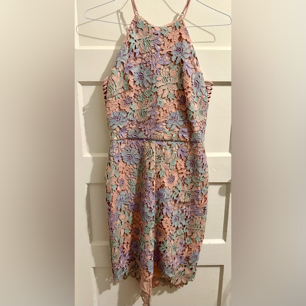 Floral Lace Halter Midi Dress - Pastel